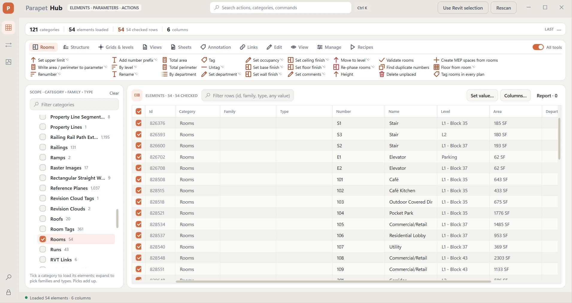 The Parapet Hub window inside Revit on a real project: 121 categories in the sidebar, 54 rooms loaded in the grid with numbers, names, levels and areas, and a ribbon of category tabs showing the room tools.