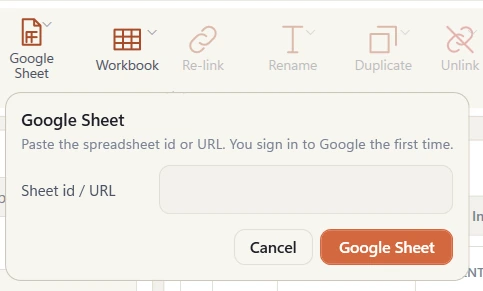 The Google Sheet dialog: paste the spreadsheet id or URL; you sign in to Google the first time.