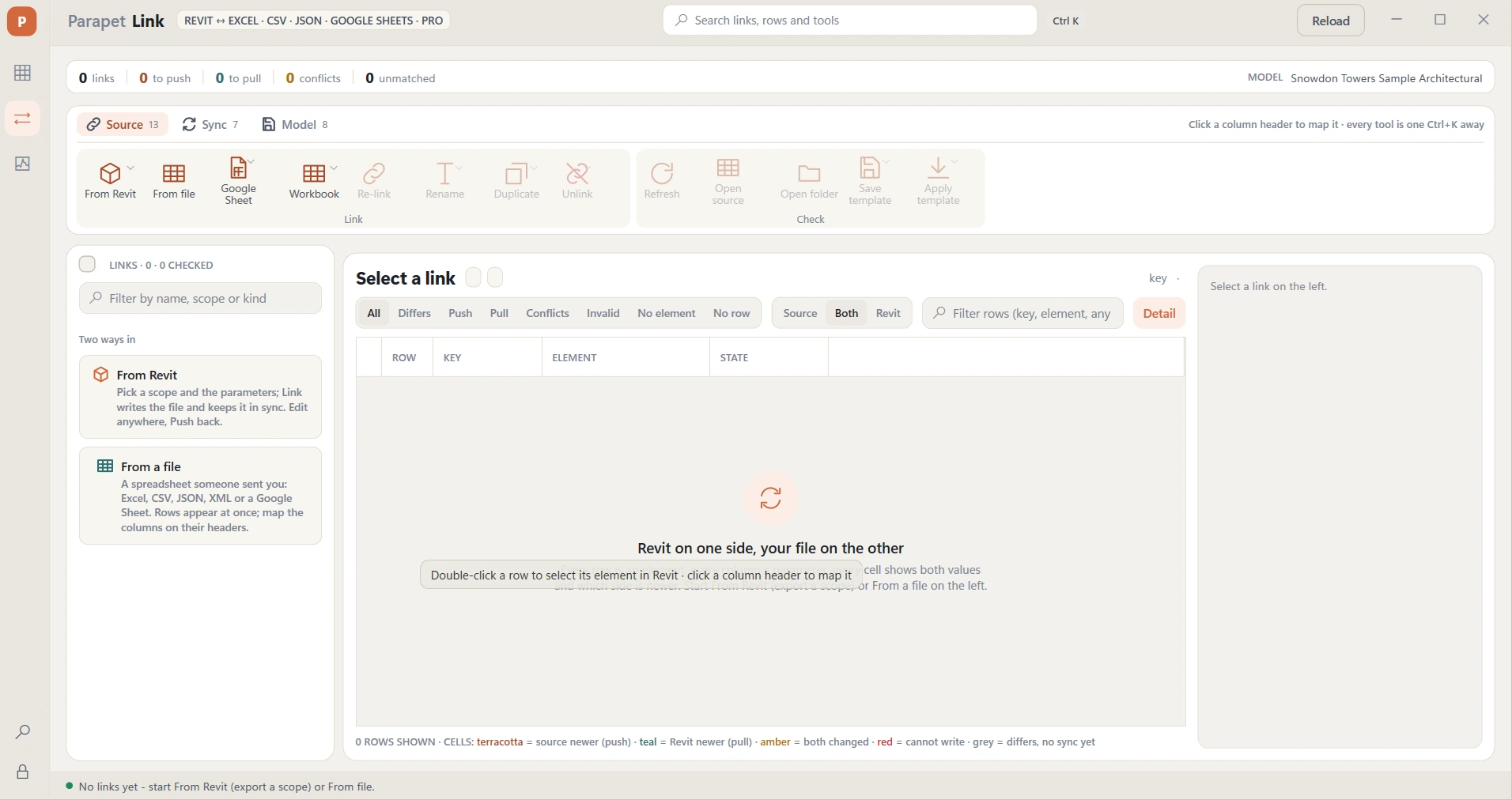 The Parapet Link start screen: a ribbon with From Revit, From file, Google Sheet and Workbook; a panel titled Two ways in; and an empty grid reading Revit on one side, your file on the other.