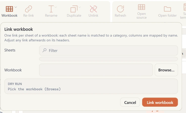 The Link workbook dialog: one link per sheet of a workbook, each sheet name matched to a category, columns mapped by name.